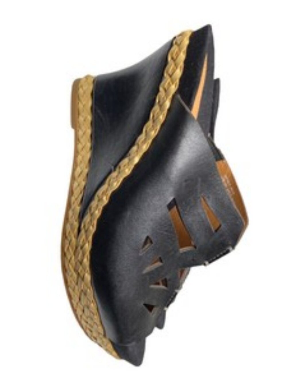 EARTHIES Setina Platform Wedge Sandals Black Leather Excellent! Size 7 B